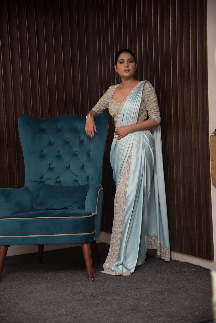 Blue Drape Saree with Heavy Hand Embroidered Blouse