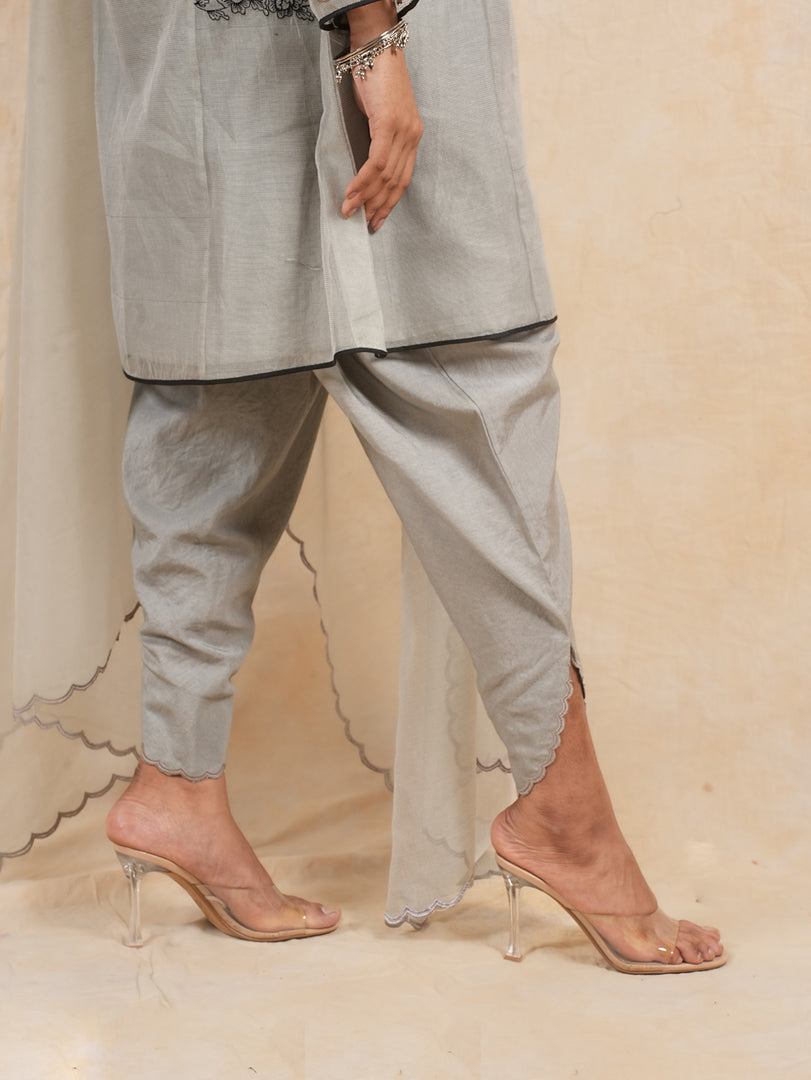 Grey A line Embroidered Suit with Tulip Pant and Dupatta