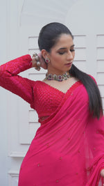 Load and play video in Gallery viewer, Fuchsia Pink Saree with Heavy Hand Embroidered Blouse and Border
