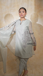 Load and play video in Gallery viewer, Grey A line Embroidered Suit with Tulip Pant and Dupatta
