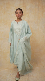 Load and play video in Gallery viewer, Powder Blue Zari &amp; Sequence Embroidered A line Palazzo Suit
