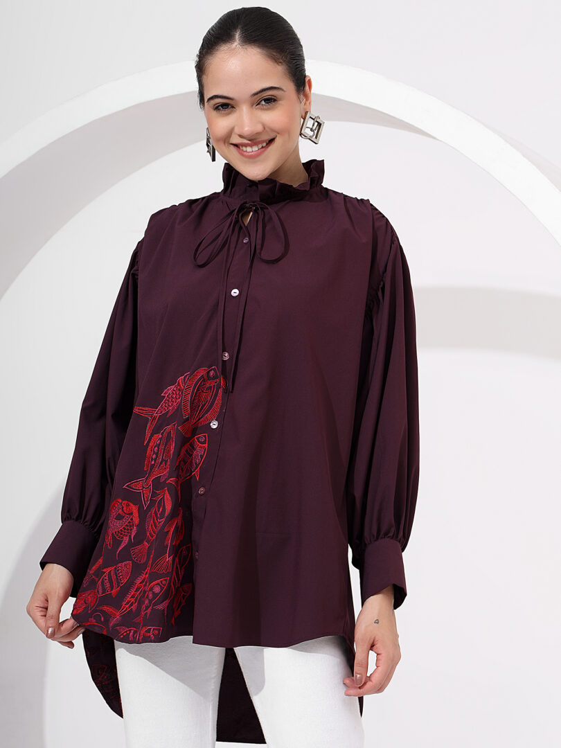 Resham Embroidery Front and Back Pleated Collar With Tie Up