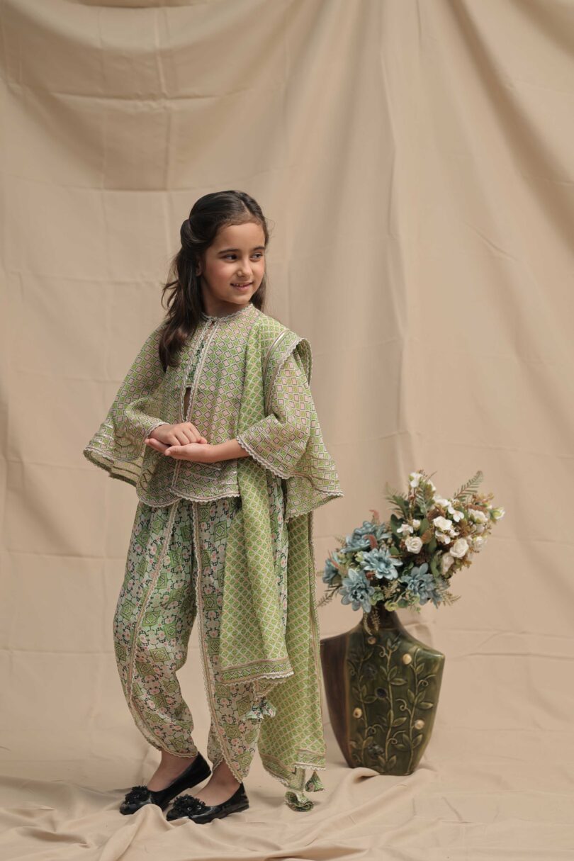 Green cape jacket with bustier and dhoti pants