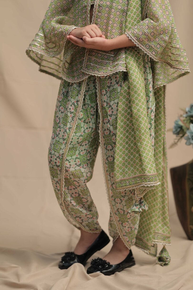 Green cape jacket with bustier and dhoti pants - Image 3