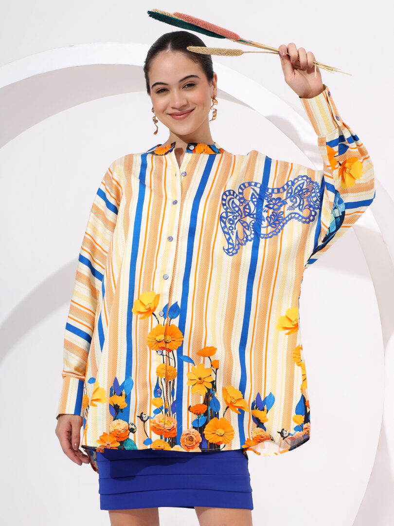 Abstract Resham Embroidery Digital Print Anti fit Shirt