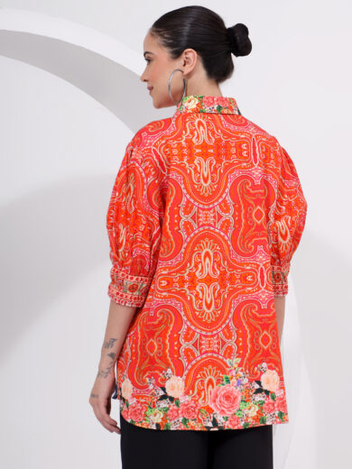 Red Digital Printed Cotton Satin Easy Fit Shirt