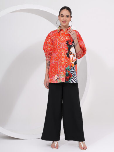 Red Digital Printed Cotton Satin Easy Fit Shirt