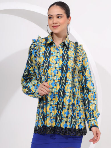 Digital Printed Shirt with Cut Work Embroidery