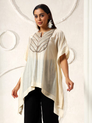 Cream Chanderi Silk Resham Embroidered Kaftan Top