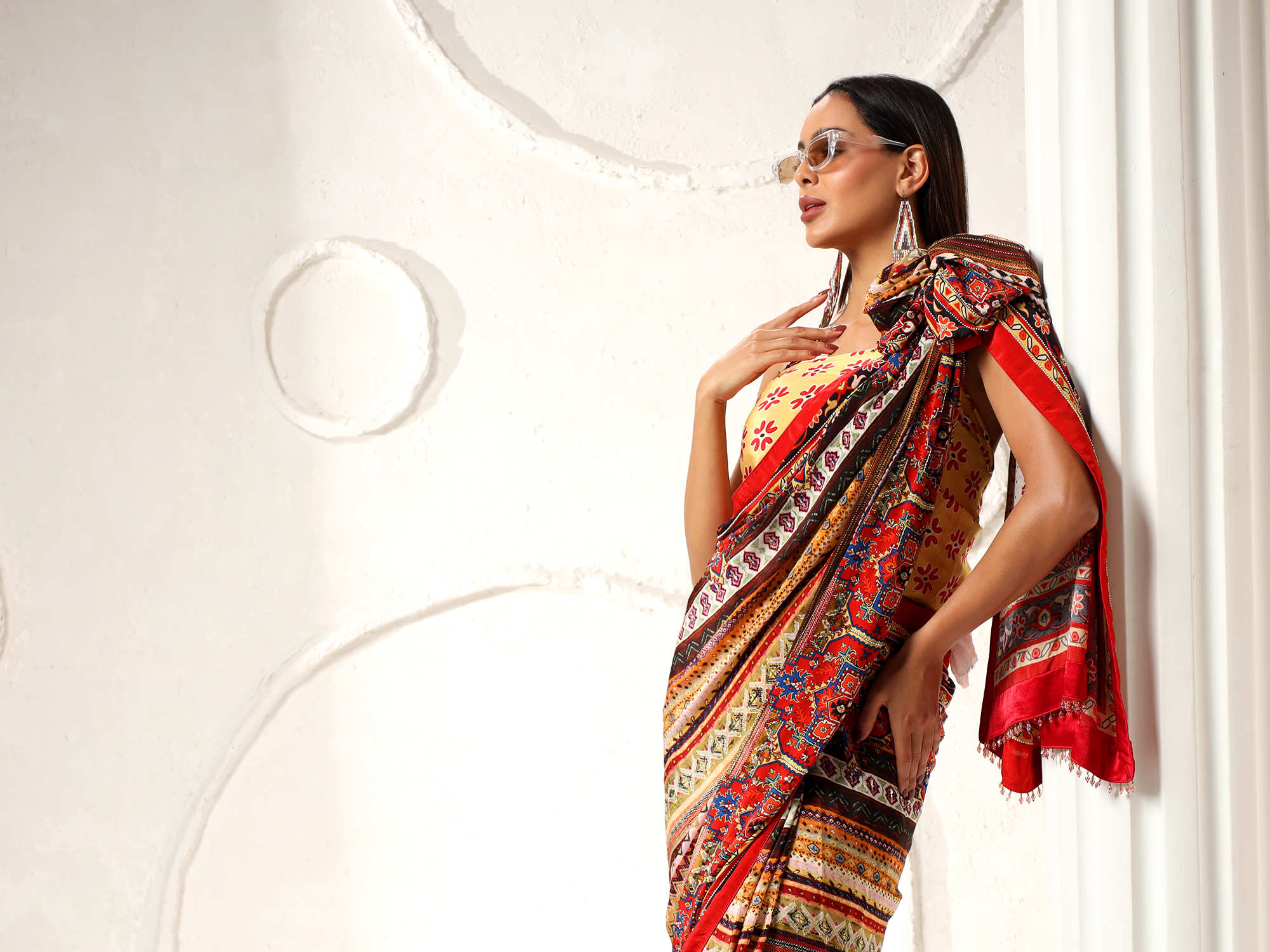 Digital Printed Crepe Saree with Hand Embroidered Embellishment
